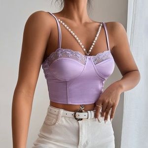 SHEIN Lace Trim Pearl Detail Crop Cami Top Purple XS